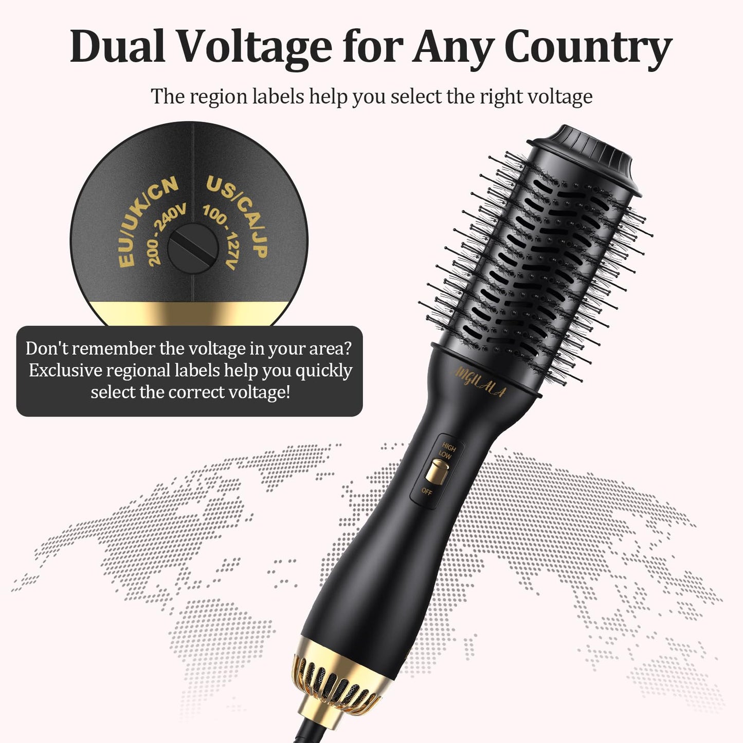 110~250V Multi-Voltage Hair Dryer Brush for International Travel, EU/UK Plug Adapter & Travel Case Included, Europe Travel Essentials for Women