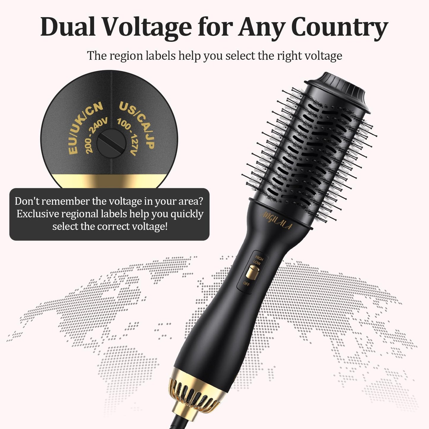 ANGILALA Dual Voltage(100~250V) Mini Hair Dryer Brush with European Plug Adapter for International Travel, Europe Travel Essentials for Women