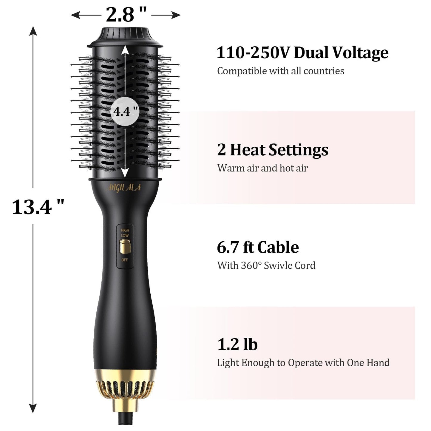 ANGILALA Dual Voltage(100~250V) Mini Hair Dryer Brush with European Plug Adapter for International Travel, Europe Travel Essentials for Women