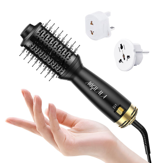 ANGILALA Dual Voltage(100~250V) Mini Hair Dryer Brush with European Plug Adapter for International Travel, Europe Travel Essentials for Women