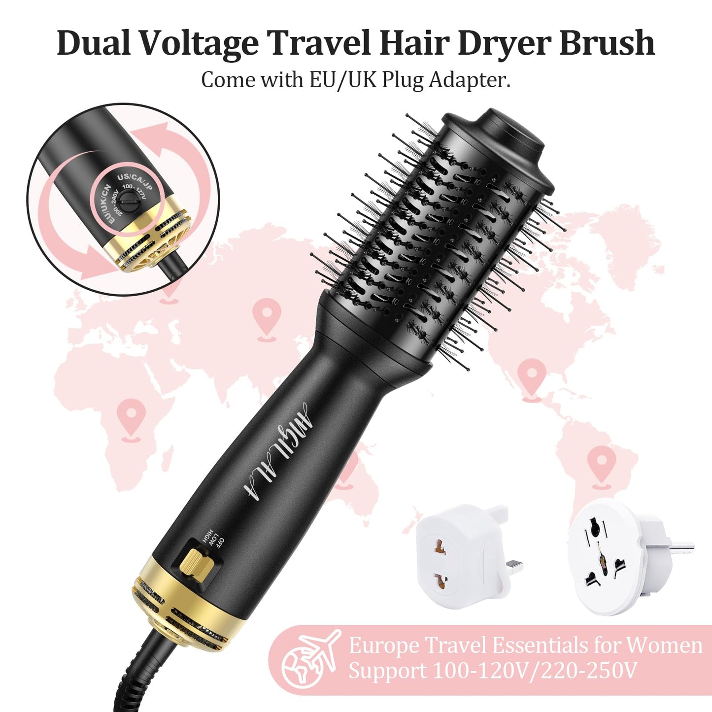 ANGILALA Dual Voltage(100~250V) Mini Hair Dryer Brush with European Plug Adapter for International Travel, Europe Travel Essentials for Women
