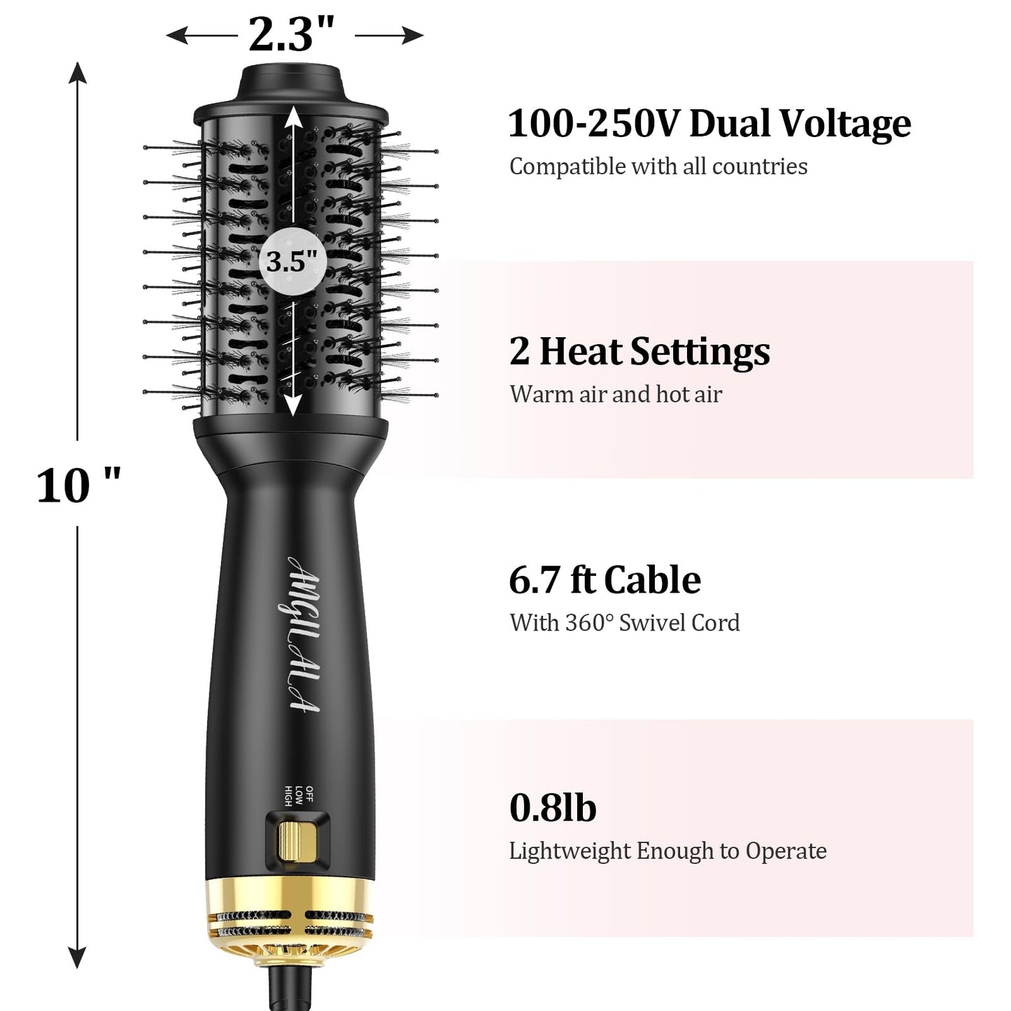 ANGILALA Dual Voltage(100~250V) Mini Hair Dryer Brush with European Plug Adapter for International Travel, Europe Travel Essentials for Women