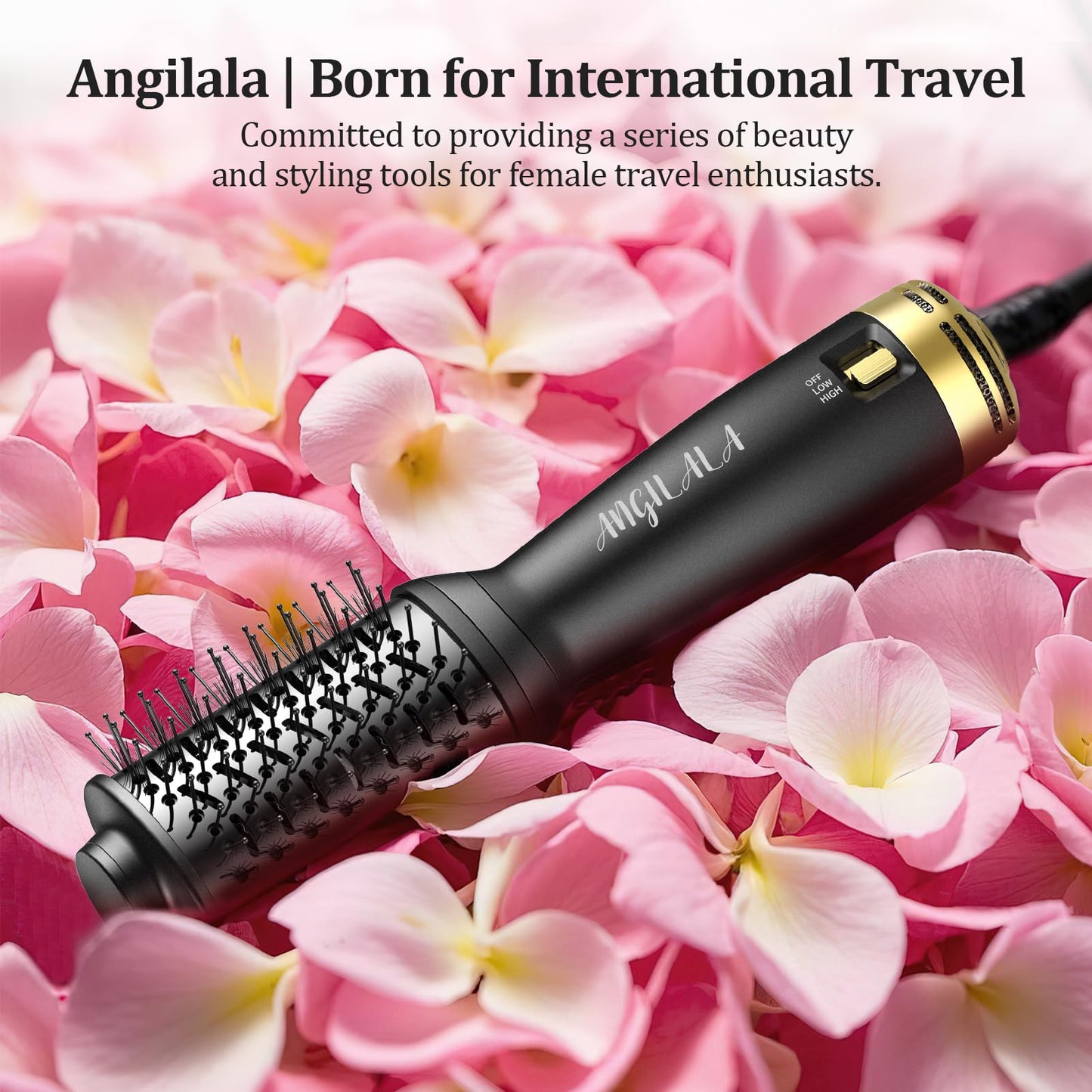 ANGILALA Dual Voltage(100~250V) Mini Hair Dryer Brush with European Plug Adapter for International Travel, Europe Travel Essentials for Women